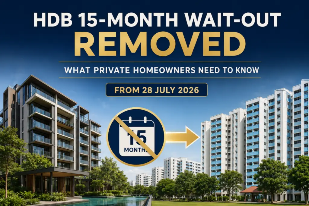 Promotional banner announcing removal of the 15-month HDB wait-out for private homeowners, effective July 28, 2026, with a cityscape of residential buildings and a crossed calendar icon.