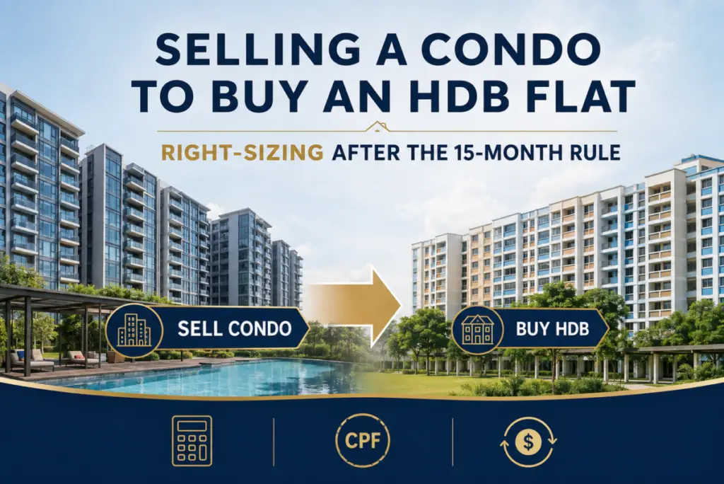 Informational banner about selling a condo to buy an HDB flat, with 'Sell Condo' and 'Buy HDB' signs and a rightward arrow between high-rise buildings and a pool.