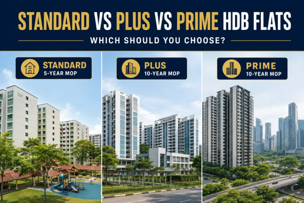 Comparison banner: Standard (5-year MOP) vs Plus (10-year MOP) vs Prime (10-year MOP) flats with three buildings