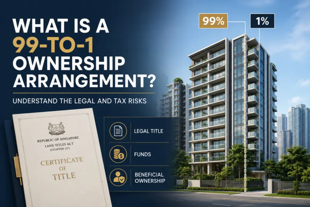 Infographic-style hero showing 99-to-1 ownership concept for property with a title certificate and a building, highlighting legal title, funds, and beneficial ownership.