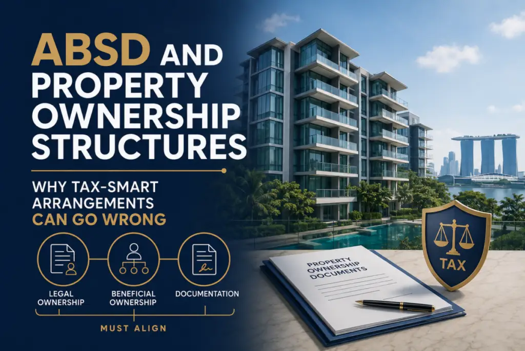 ABSD and Property Ownership Structures: why tax-smart arrangements can go wrong, featuring a modern building and property documents in the foreground.