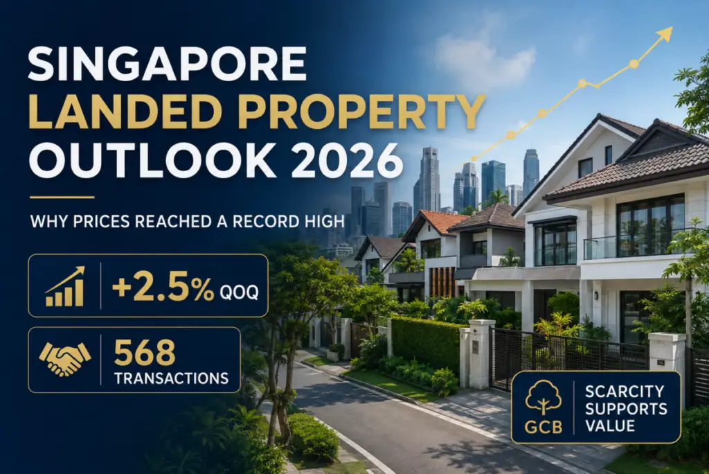 Marketing banner: Singapore landed property outlook 2026 with a rising arrow graph, modern houses, and stats '+2.5% QoQ' and '568 Transactions' beside a GCB badge.