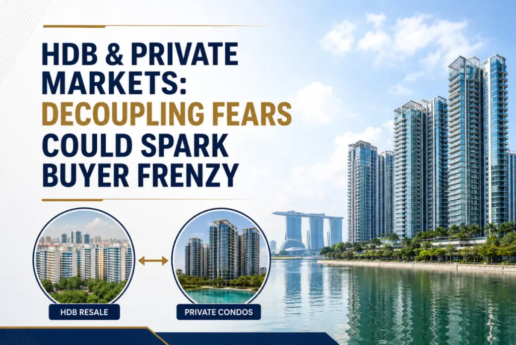 Promotional banner about HDB and private markets with a waterfront city skyline and two circular insets labeled HDB resale and private condos.