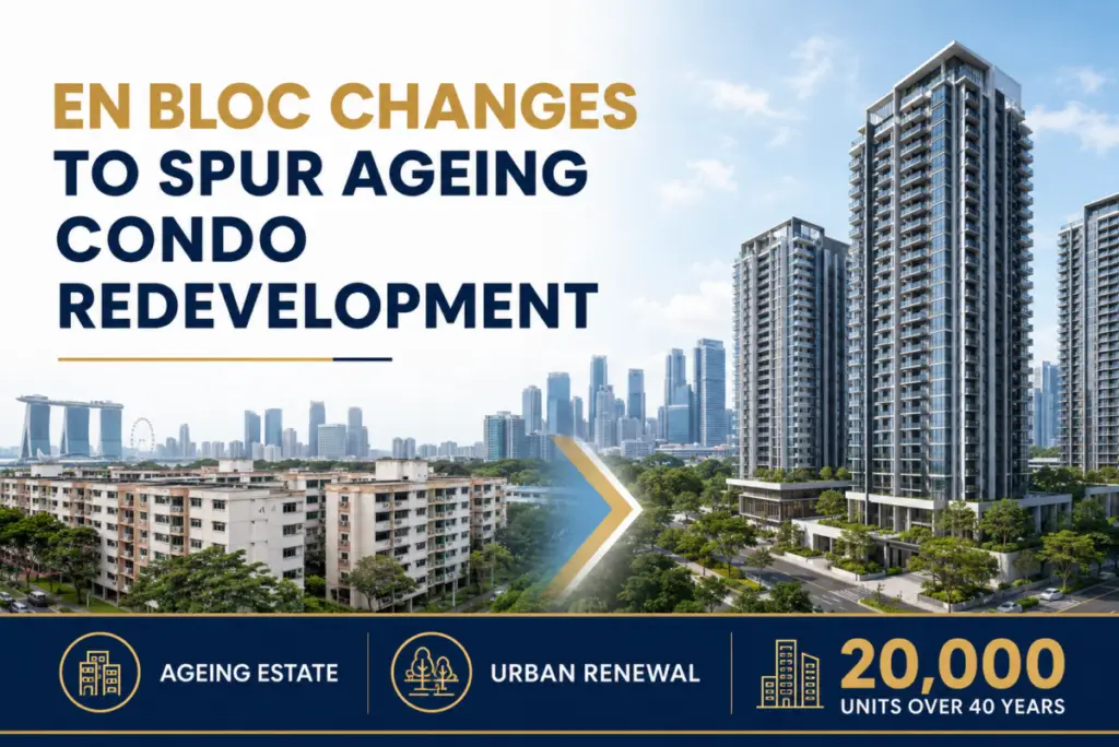 Banner: EN BLOC CHANGES TO SPUR AGEING CONDO REDEVELOPMENT over a city skyline with tall towers; 20,000 UNITS OVER 40 YEARS.