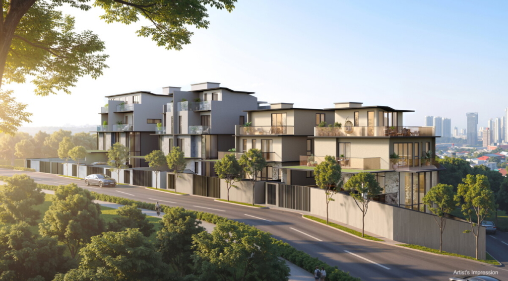 Modern multi-story residential complex with balconies along a tree-lined street; distant city skyline (artist’s impression).