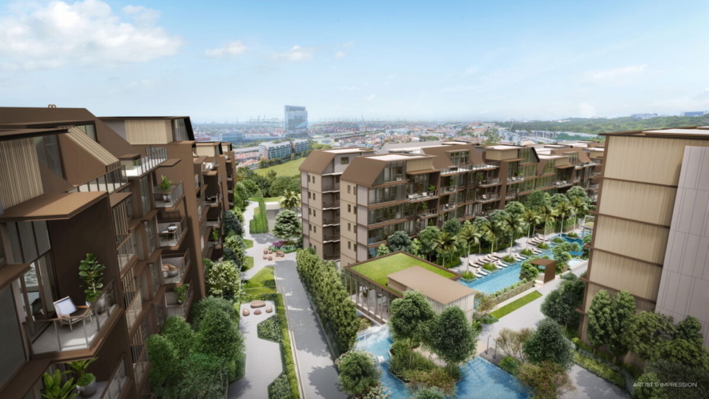 A rendering of a modern residential complex with brown buildings, courtyards, and a central swimming pool.