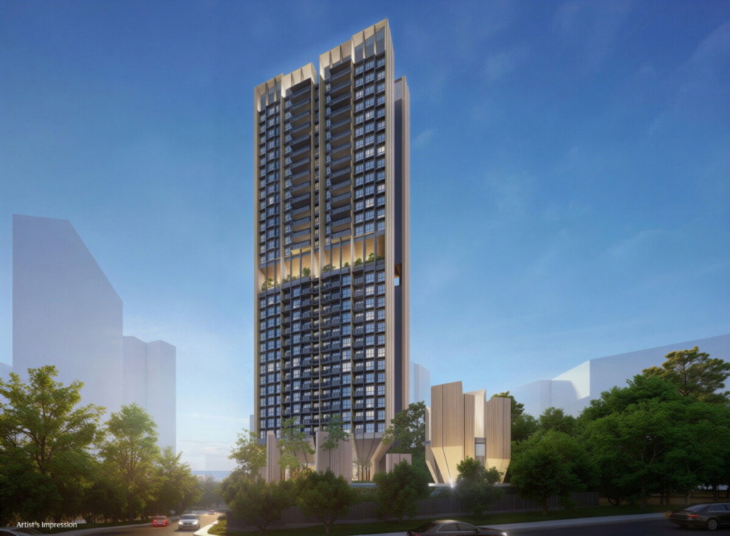 Tall modern glass skyscraper with vertical louvers rising among trees and a city street in the foreground.