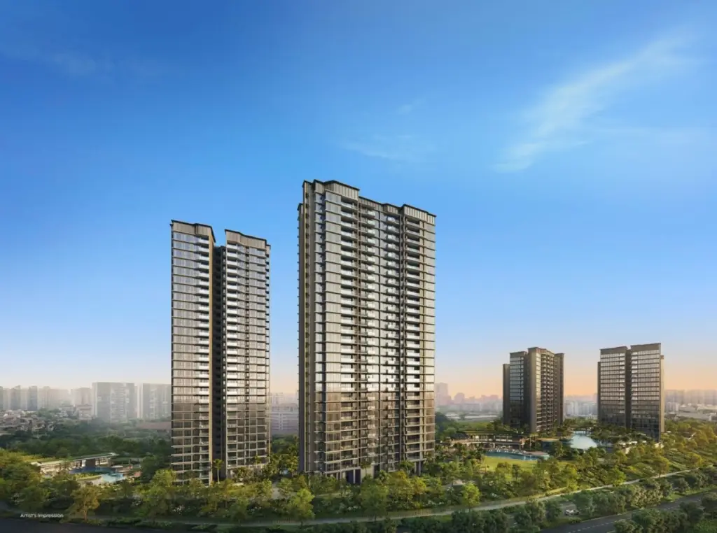 Three high-rise apartment towers in a landscaped urban complex, under a clear blue sky with surrounding greenery, in a render setting.