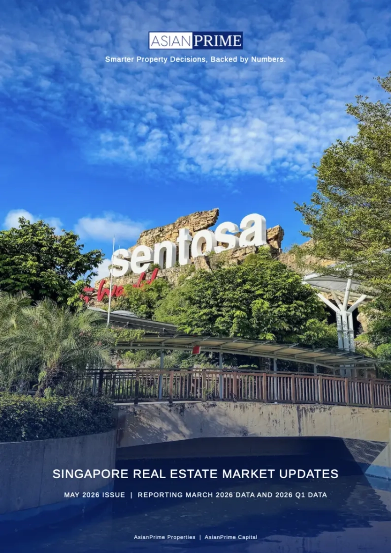 Hero image featuring the Sentosa sign on a rocky hill, blue sky and surrounding greenery, with the AsianPrime logo and 'Singapore Real Estate Market Updates' overlay text.