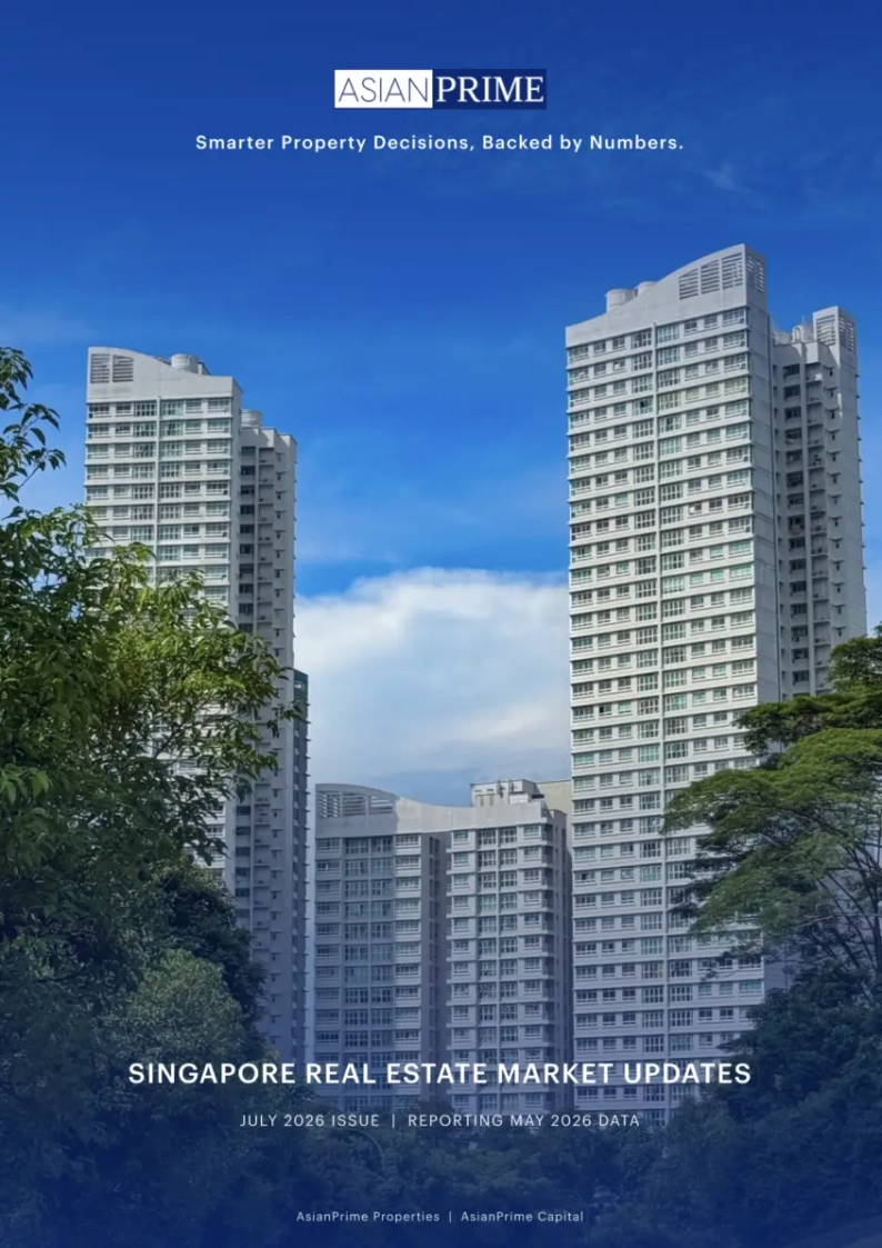 Cover image for Asian Prime Singapore Real Estate Market Updates, with blue sky and tall residential buildings framed by trees.