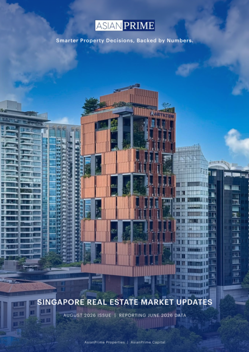 Cover image for AsianPrime Singapore Real Estate Market Updates, featuring a stacked brick building with greenery against a city skyline and blue sky.