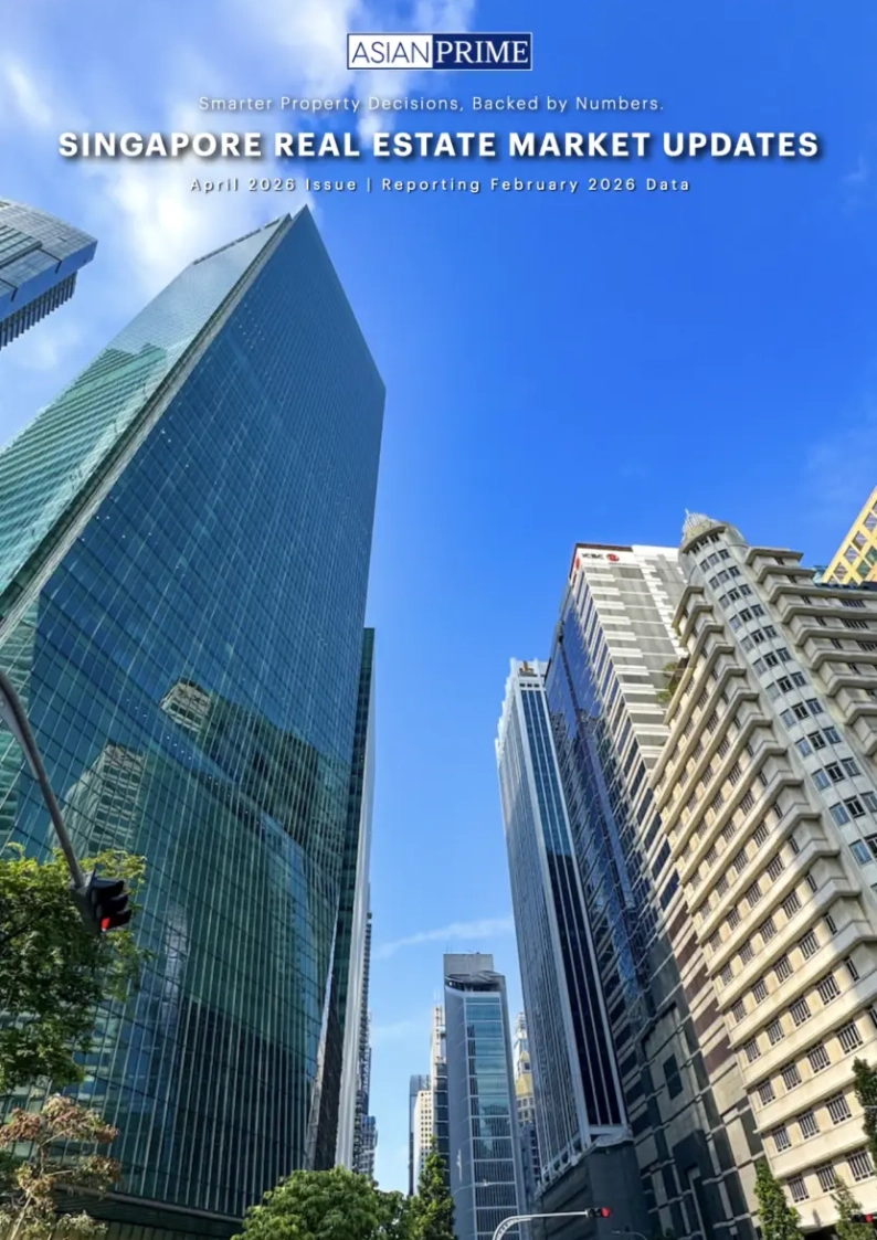 Asian Prime logo and the headline 'Singapore Real Estate Market Updates' over a city skyline of glass skyscrapers against a blue sky.